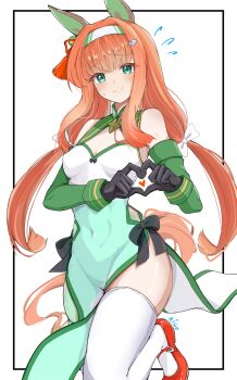1girl animal_ears bare_shoulders black_gloves blue_eyes blunt_bangs blush breasts closed_mouth commentary_request covered_navel detached_sleeves dress ear_covers four-finger_heart_hands gloves green_eyes green_sleeves hairband heart heart_hands highres hime_cut horse_ears horse_girl horse_tail long_hair looking_at_viewer orange_hair orange_tail pelvic_curtain shoes silence_suzuka_(umamusume) simple_background sleeveless sleeveless_dress small_breasts smile solo tail thighhighs thighs toshino_niko umamusume white_background white_hairband white_thighhighs