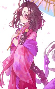 Rule 34 | 1girl, ahoge, book, braid, brown hair, commentary request, falling petals, fate/grand order, fate (series), floral print, floral print kimono, glasses, hair over one eye, highres, holding, holding book, izanaware game, japanese clothes, kimono, ono no komachi (fate), petals, pink eyes, pink kimono, print kimono, purple shawl, shawl, signature, single braid, smile, umbrella over shoulder
