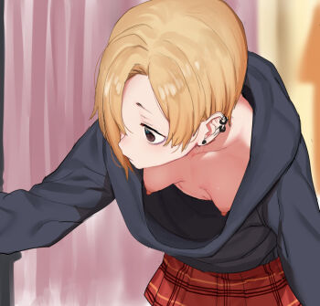 1girl accidental_exposure azuse_neko black_jacket blonde_hair blurry blurry_background breasts brown_eyes collarbone commentary_request downblouse ear_piercing extended_downblouse hair_over_one_eye hanging_breasts hood hoodie idolmaster idolmaster_cinderella_girls jacket leaning leaning_forward long_sleeves makeup nipple_slip nipples no_bra piercing plaid_clothes plaid_skirt shirasaka_koume short_hair skirt small_breasts solo