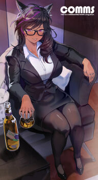 1girl absurdres alcohol animal_ears arm_rest armchair black-framed_eyewear black_hair black_jacket black_nails black_pantyhose black_shoes black_skirt blush borrowed_character breasts business_suit cat_ears cat_girl chair collared_shirt commentary commission cup dress_shirt earrings english_commentary final_fantasy final_fantasy_xiv formal_clothes full_body glass_bottle glasses highres holding holding_cup ice ice_cube indoors jacket jewelry lapels large_breasts long_hair long_sleeves looking_at_viewer miniskirt miqo&#039;te multicolored_hair multiple_rings notched_lapels on_chair original pantyhose park_ongjol parted_lips pencil_skirt purple_eyes purple_hair purple_streaks ring shirt shoes sitting skirt skirt_suit smile solo streaked_hair suit vivian_grimelka_(siverstorm) warrior_of_light_(ff14) white_shirt