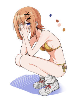 1girl bikini blush embarrassed orange_hair piercing shoes sneakers socks swimsuit tagme virtual_youtuber watanabe_masafumi_(masafumi_127)