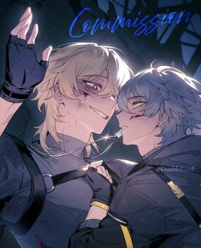 2boys against_wall alternate_costume artist_name aventurine_(bullseye)_(honkai:_star_rail) aventurine_(honkai:_star_rail) belt black_belt black_gloves black_jacket blonde_hair blood blood_on_clothes blood_on_face blue_eyes blue_sky caelus_(honkai:_star_rail) commission crossed_bangs earrings fingerless_gloves from_behind gloves grey_hair hair_between_eyes hand_up hands_up honkai:_star_rail honkai_(series) injury jacket jewelry long_sleeves looking_at_another male_focus mealove1218 multicolored_eyes multiple_boys necklace night official_alternate_costume outdoors puffy_long_sleeves puffy_sleeves purple_eyes shirt short_hair short_sleeves sky smile teeth trailblazer_(honkai:_star_rail) turtleneck turtleneck_shirt v-shaped_eyebrows watermark yellow_eyes zipper