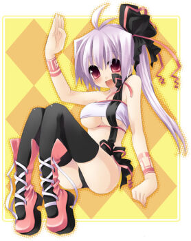 Rule 34 | 1girl, :d, ahoge, argyle background, argyle clothes, black panties, black skirt, black thighhighs, blush, boots, border, breasts, female focus, knee boots, lace-up boots, large breasts, looking at viewer, miniskirt, open clothes, open mouth, original, panties, pantyshot, pink eyes, pink hair, pleated skirt, ponytail, sazaki ichiri, side ponytail, sitting, skirt, smile, solo, thighhighs, underboob, underwear, upskirt, waving