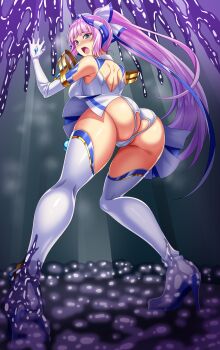 1girl :o absurdres ass ass_cutout back_cutout bare_shoulders blue_eyes blush boots breasts butt_crack cameltoe clothing_cutout dress elbow_gloves element_venus from_behind full_body gloves headgear heart_cutout high_heel_boots high_heels high_ponytail highres horns kisaragi_nozomi large_breasts long_hair looking_at_viewer looking_back magical_girl open_mouth panties pink_hair pleated_skirt ponytail purple_hair ribbon shinsou_seiki_elementia shiny_skin sirano skirt sleeveless slime_(creature) slime_(substance) solo stage standing thigh_boots thighhighs torn_clothes torn_panties underwear very_long_hair white_gloves white_panties white_skirt white_thighhighs