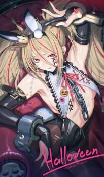 1girl absurdres ainezu animal_ears arm_up armpits black_gloves black_leotard black_pantyhose blonde_hair blush breasts center_opening chain crown cuffs detached_collar english_text gloves halloween highres leotard long_hair looking_at_viewer mini_crown multicolored_hair original pantyhose partially_fingerless_gloves playboy_bunny rabbit_ears red_eyes red_hair red_nails small_breasts smile solo stitched_arm stitches streaked_hair trick_or_treat twintails