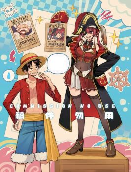 1boy 1girl abs ankle_boots ascot bicorne black_coat black_collar black_eyes black_hair blue_shorts boots box breasts brooch brown_boots brown_thighhighs cleavage coat collar commentary commission covered_navel cropped_jacket crossover detached_collar english_commentary eyepatch facial_scar fold-over_boots frilled_collar frills fur-trimmed_shorts fur_trim gloves hair_ribbon hat high_heel_boots high_heels highres holding holding_paper hololive houshou_marine houshou_marine_(1st_costume) jacket jewelry ki2ri5 large_breasts leotard looking_at_another miniskirt monkey_d._luffy notice_lines off_shoulder on_box one_piece open_clothes open_coat open_mouth paper pirate_hat pleated_skirt print_eyepatch red_ascot red_eyes red_hair red_jacket red_ribbon red_skirt ribbon sash scar scar_on_cheek scar_on_chest scar_on_face see-through_clothes see-through_leotard ship&#039;s_wheel short_hair shorts single_sleeve_past_fingers skirt sleeveless sleeveless_jacket small_sweatdrop smile sparkle speech_bubble spoken_sweatdrop standing straw_hat sweatdrop thighhighs trait_connection twintails two-tone_skirt very_long_sleeves virtual_youtuber wanted_poster watermark white_gloves white_skirt wooden_box yellow_sash zettai_ryouiki