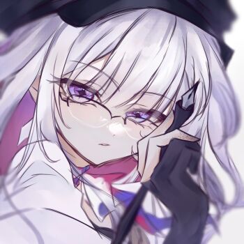 1girl commentary_request diamond-shaped_pupils diamond_(shape) glasses gloves highres holding holding_pen honkai:_star_rail honkai_(series) looking_at_viewer multicolored_hair nihilux_(honkai:_star_rail) partially_fingerless_gloves pen pink_hair purple_eyes rael_elle72 solo symbol-shaped_pupils two-tone_hair white_background white_hair