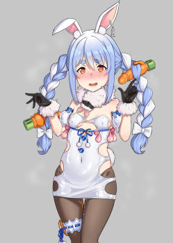1girl absurdres animal_ears black_gloves black_leotard black_pantyhose blue_hair blush braid breasts closed_mouth clothing_cutout condom_belt cutout_above_navel dildo don-chan_(usada_pekora) dress fur-trimmed_gloves fur_trim gloves gozaru highres hololive leotard long_hair multicolored_hair orange_eyes pantyhose rabbit-shaped_pupils rabbit_ears rabbit_girl rabbit_tail red_eyes sex_toy short_eyebrows small_breasts smile solo strapless strapless_leotard symbol-shaped_pupils tail tongue tongue_out twin_braids two-tone_hair usada_pekora usada_pekora_(1st_costume) virtual_youtuber white_dress white_hair