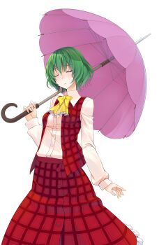 Rule 34 | 1girl, ascot, blouse, breasts, closed eyes, closed mouth, commentary request, cowboy shot, crote, frills, green hair, hair between eyes, hand up, highres, holding, holding umbrella, kazami yuuka, large variant set, long hair, long skirt, long sleeves, medium breasts, open clothes, open vest, plaid clothes, plaid skirt, shirt, short hair, simple background, skirt, skirt set, solo, standing, touhou, transparent background, umbrella, variant set, vest