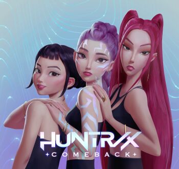 3girls absurdres bare_shoulders black_hair body_markings bracelet braid braided_ponytail brown_eyes commentary double_bun earrings english_commentary eyeshadow group_name hair_bun highres jewelry kpop_demon_hunters long_hair looking_at_viewer makeup mira_(kpop_demon_hunters) multiple_girls nachomolinaart official_art parted_lips pink_hair pink_lips ring rumi_(kpop_demon_hunters) short_bangs sidelocks twintails zoey_(kpop_demon_hunters)