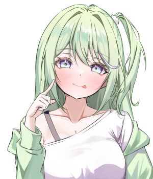 Rule 34 | 1girl, armpit crease, artist request, bra strap, breasts, cape, cardigan, choppy bangs, closed mouth, commentary request, green cape, green hair, grey eyes, hand up, highres, index finger raised, korean commentary, long hair, looking at viewer, mole, mole on breast, multicolored hair, off-shoulder shirt, off shoulder, one side up, open cardigan, open clothes, second-party source, shirt, simple background, single off shoulder, smile, solo, stellive, streaked hair, tongue, tongue out, upper body, virtual youtuber, white background, white shirt, yuzuha riko