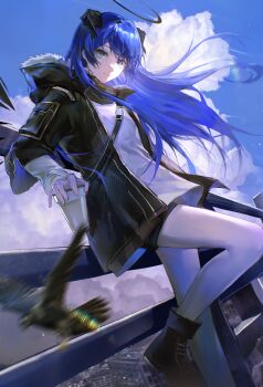 1girl absurdres against_railing arknights bird black_halo black_jacket black_shoes black_shorts blue_eyes blue_hair blurry blurry_foreground chinese_commentary closed_mouth cloud commentary_request cup demon_horns detached_wings disposable_cup floating_hair fur-trimmed_hood fur_trim halo highres holding holding_cup hood hood_down hooded_jacket horns jacket long_hair long_sleeves looking_at_viewer miaoling_(miaoling_33zenobia) mostima_(arknights) motion_blur open_clothes open_jacket outdoors railing shoes shorts sky smile solo standing traditional_halo wind wings