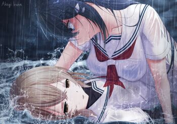 2girls akagi_iruka alt_text black_hair blue_eyes breast_press breasts brown_eyes brown_hair commentary_request highres large_breasts long_hair multiple_girls neckerchief ocean oumi_shiori parted_lips partially_submerged rain red_neckerchief sailor_collar shirt symmetrical_docking watashi_wo_tabetai_hitodenashi water wet wet_clothes wet_shirt white_sailor_collar white_shirt yaotose_hinako yuri