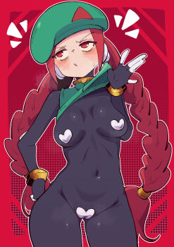 1girl absurdres black_bodysuit blush bodysuit braid breasts breath buzzlyears clothes_lift cowboy_shot green_hat hat heart_maebari heart_pasties highres long_hair maebari medium_breasts mega_man_(series) mega_man_zero_(series) pasties red_background red_eyes red_hair robot_ears shirt_lift simple_background solo twin_braids unnamed_female_soldier_(mega_man_zero)