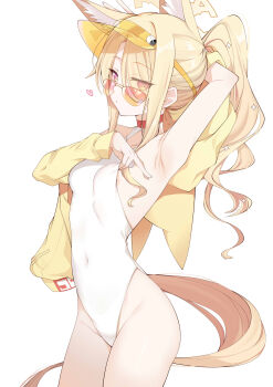 1girl animal_ear_fluff animal_ears areola_slip arm_up armpits bare_shoulders blonde_hair blue_archive blush breasts daive forehead fox_ears hair_over_one_eye halo hat heart highleg highleg_one-piece_swimsuit highres jacket loli long_hair long_sleeves looking_at_viewer off_shoulder one-piece_swimsuit parted_bangs revision seia_(blue_archive) seia_(swimsuit)_(blue_archive) side_ponytail sidelocks small_breasts solo sunglasses swimsuit tail thighs tinted_eyewear visor_cap white_one-piece_swimsuit yellow-tinted_eyewear yellow_eyes yellow_hat yellow_jacket