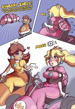 2girls blonde_hair blowing_kiss blue_eyes blush breasts brown_hair crown dress earrings flipped_hair flower_earrings gloves grin heart highres jewelry kart koopa_shell large_breasts looking_at_another mario_(series) mario_kart multiple_girls nintendo one_eye_closed orange_dress pink_dress princess_daisy princess_peach racing restrained rope smile spoken_heart tied_up_(nonsexual) tomboy wink