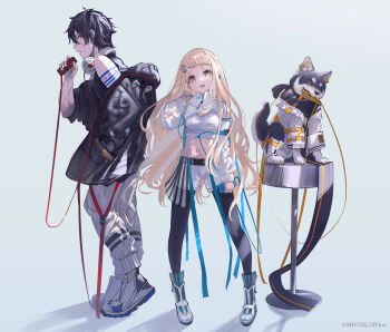 1boy 1girl :d animal ankle_boots arm_at_side bare_shoulders belt black_belt black_hair black_jacket black_pantyhose black_shirt blonde_hair blue_background blue_belt blue_nails boots clothed_animal copyright_notice crop_top detached_sleeves diagonal_bangs dog earphones earrings full_body hair_between_eyes hair_ornament hairclip half-skirt hand_in_pocket hand_up headphones headphones_around_neck highres holding holding_earphones holding_mp3_player iridescent_clothes jacket jewelry kirei_natuki kokumucho_(nijisanji) kuroi_shiba lineup long_belt long_hair long_sleeves looking_at_viewer machita_chima mouth_hold mp3_player multicolored_nails nail_polish nijisanji off_shoulder official_art open_belt open_mouth pants pantyhose pink_nails profile ready_steady_(vocaloid) red_belt red_eyes see-through_clothes see-through_skirt shadow shiba_inu shirt shoes short_bangs short_eyebrows short_hair short_shorts shorts shoulder_tattoo shrug_(clothing) sideways_glance simple_background single_earphone_removed skirt sleeveless sleeveless_shirt smile standing stool striped_clothes striped_skirt tattoo virtual_youtuber white_boots white_jacket white_nails white_pants white_shirt white_shoes white_shorts yellow_belt yellow_eyes yumeoi_kakeru zipper_pull_tab