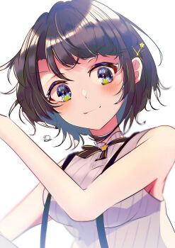 1girl absurdres artist_name black_bow black_bowtie blue_eyes bob_cut bow bowtie braid breasts brown_hair closed_mouth controller emutakanoe from_below game_controller grey_shirt highres hololive looking_at_viewer looking_down medium_breasts official_alternate_costume oozora_subaru oozora_subaru_(suspenders) pinstripe_pattern pinstripe_shirt shirt short_hair side_braid signature simple_background sleeveless sleeveless_shirt smile solo star_(symbol) suspenders swept_bangs virtual_youtuber white_background