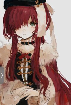 1girl :| black_hat black_vest blue_eyes cape closed_mouth cross_tie fur-trimmed_cape fur_trim grey_background hair_over_one_eye hat highres long_hair long_sidelocks looking_at_viewer lv11 newsboy_cap one_eye_covered red_cape red_hair reverse:1999 shirt sidelocks solo upper_body vest white_shirt yenisei_(reverse:1999)