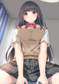 Rule 34 | 1girl, absurdres, black hair, black skirt, breasts, brown sweater vest, character request, closed mouth, collared shirt, commentary request, curtains, highres, indoors, large breasts, long hair, looking at viewer, neck ribbon, osanajimi wa sasoeba itudemo dekiru kankei, plaid clothes, plaid skirt, purple eyes, red ribbon, ribbon, school uniform, second-party source, shirt, skirt, smile, socks, solo, straddling, sweater vest, unasaka ryou, white shirt