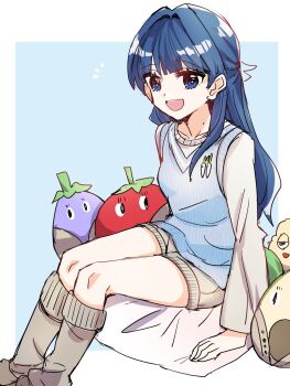 1girl :d avocado_(love_live!) blue_background blue_eyes blue_hair blue_sweater_vest border collarbone commentary_request conno-san_(love_live!) grey_shorts grey_socks half_updo highres kanduki_kamibukuro link!_like!_love_live! long_sleeves looking_at_viewer loose_socks love_live! mole mole_on_neck murano_sayaka murano_sayaka_(winter_loungewear) nasu-san_(love_live!) open_mouth outside_border short_shorts shorts simple_background sitting smile socks solo stuffed_avocado stuffed_corn stuffed_eggplant stuffed_tomato stuffed_toy sweater sweater_vest tomati_(love_live!) virtual_youtuber white_border white_sweater