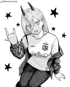1girl \m/ breasts cerveza_cristal chainsaw_man colo_colo commentary_request cross-shaped_pupils from_above hair_between_eyes highres horns invisible_chair jacket knees_together_feet_apart long_hair medium_breasts off_shoulder power_(chainsaw_man) seveninks sharp_teeth sitting soccer_uniform solo spanish_commentary sportswear star_(symbol) symbol-shaped_pupils teeth tongue tongue_out v-shaped_eyebrows