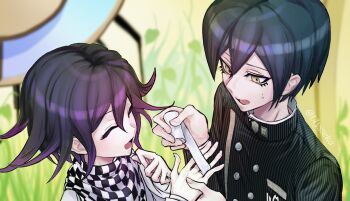 2boys bandages bishounen black_hair blurry blurry_background blush buttons checkered_clothes checkered_scarf closed_eyes commentary danganronpa_(series) danganronpa_v3:_killing_harmony flipped_hair hair_between_eyes happy height_difference highres holding_hands jacket laughing long_sleeves male_focus multiple_boys official_style oma_kokichi open_mouth pinstripe_jacket pinstripe_pattern purple_hair ringed_eyes saihara_shuichi scarf scene_reference short_hair smile striped_clothes striped_jacket sweatdrop twitter_username two-tone_scarf ulysseka upper_body yaoi yellow_eyes
