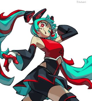 1girl :3 :p aqua_eyes aqua_hair aqua_skirt aqua_sleeves arched_back arm_behind_head arm_up bare_shoulders bike_shorts bike_shorts_under_skirt black_skirt black_sleeves black_thighhighs breasts bright_pupils closed_mouth commentary detached_hair detached_sleeves dj_booth_(mako)_(tower_defense_simulator) dj_booth_(tower_defense_simulator) english_commentary from_below gloves headset heterochromia highres long_hair long_sleeves looking_at_viewer mr_plagu3 multicolored_hair official_alternate_costume official_alternate_hair_color official_alternate_hair_length official_alternate_hairstyle pleated_skirt red_eyes red_gloves red_hair red_shirt red_trim roblox shirt simple_background skirt sleeveless sleeveless_shirt sleeveless_turtleneck small_breasts solo standing streaked_hair thighhighs tongue tongue_out tower_defense_simulator turtleneck turtleneck_shirt twintails twitter_username two-sided_fabric two-sided_skirt two-sided_sleeves two-tone_gloves two-tone_hair uneven_eyes very_long_hair white_background white_gloves white_pupils wide-eyed