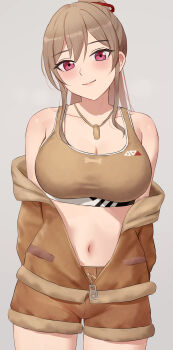 1girl absurdres amayo_thranana blush breasts brown_hair brown_sports_bra cleavage collarbone commentary_request dog_tags furen_e_lustario furen_e_lustario_(5th_costume) grey_background highres large_breasts long_hair navel nijisanji official_alternate_costume paid_reward_available partial_commentary ponytail red_eyes simple_background solo sports_bra standing stomach thighs variant_set virtual_youtuber