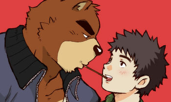2boys animal_ears bear_boy bear_ears black_hair blue_jacket blush brown_fur check_commentary collarbone commentary_request food food_in_mouth furry furry_male jacket juuichi_mikazuki looking_at_another male_focus morenatsu multiple_boys nishimura_hiroyuki_(morenatsu) open_mouth pocky profile red_background shirako_(kirupi) thick_eyebrows upper_body yaoi