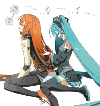 2girls a.i._voice absurdly_long_hair adachi_rei alternate_hair_length alternate_hairstyle android belt black_pantyhose black_shirt black_skirt blue_hair boots brushing_another's_hair brushing_hair closed_eyes detached_sleeves from_side full_body grey_skirt hair_ornament hatsune_miku head_back headphones highres joints long_hair miniskirt multiple_girls music musical_note natwjeq number_tattoo open_mouth orange_belt pantyhose pleated_skirt profile robot_joints shirt shoes shoulder_tattoo simple_background singing sitting skirt sleeveless sleeveless_shirt smile sneakers tattoo thigh_boots twintails utau very_long_hair vocaloid wariza