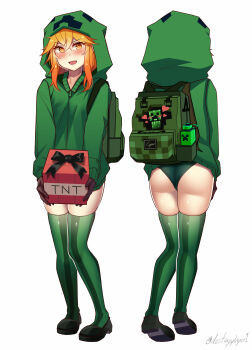 Rule 34 | 1girl, absurdres, ass, backpack, bag, black footwear, black gloves, blush, borrowed character, bottle, character name, clothes lift, creeparka, creeper, cupa (at2.), destinyplayer1, explosive, from behind, gloves, green hoodie, green panties, green thighhighs, highres, hood, hood up, hoodie, long sleeves, looking at viewer, minecraft, mob talker, multiple views, open mouth, orange eyes, orange hair, panties, personification, skindentation, smile, thighhighs, tnt, tnt block (minecraft), underwear, water bottle, white background