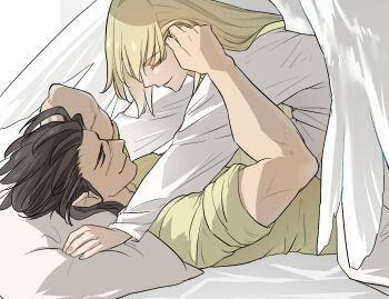 2boys black_hair blonde_hair closed_eyes closed_mouth commentary_request fire_emblem fire_emblem:_path_of_radiance long_hair lying male_focus multiple_boys nintendo on_back pillow pointy_ears reyson_(fire_emblem) scar scar_on_face tibarn_(fire_emblem) to6tama white_wings wings yaoi