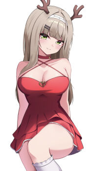 1girl antlers arms_behind_back bare_shoulders breasts brown_hair choker christmas cleavage closed_mouth collar collarbone commentary criss-cross_halter dress fake_antlers feet_out_of_frame green_eyes hair_ornament hairband hairclip halterneck highres horns invisible_chair kneehighs korean_commentary large_breasts long_hair looking_at_viewer mole mole_under_eye puleudingding red_choker red_collar red_dress reindeer_antlers short_dress simple_background sitting sleeveless sleeveless_dress smile socks solo thighs viichan virtual_youtuber waktaverse white_background white_hairband white_socks