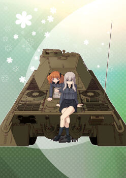 Rule 34 | 2girls, arms behind back, black footwear, black ribbon, black socks, blue eyes, brown hair, collared shirt, cross, crossed legs, emblem, girls und panzer, girls und panzer phase erika, grey hair, grey shirt, hair ribbon, hatch, highres, iron cross, itsumi erika, kuromorimine (emblem), kuromorimine school uniform, long hair, long sleeves, military vehicle, motor vehicle, multiple girls, open hatch, orange hair, ribbon, rou leila, saitaniya ryouichi, school uniform, shirt, sitting, smile, socks, tank, tiger ii, twintails