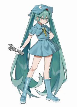 Rule 34 | 1girl, blue boots, blue eyes, blue hair, blue hat, blue shirt, blue skirt, blush, boots, collared shirt, commentary request, cosplay, full body, gloves, half-closed eyes, hand on own hip, hat, hatsune miku, highres, holding, holding wrench, iwakoo, kawashiro nitori, kawashiro nitori (cosplay), key, legs apart, long hair, looking at viewer, miniskirt, puffy short sleeves, puffy sleeves, rubber boots, shirt, short sleeves, simple background, skirt, smile, solo, standing, touhou, twintails, very long hair, vocaloid, white background, white gloves, wrench