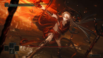 1girl bow cosplay elden_ring elden_ring:_shadow_of_the_erdtree fake_screenshot fire fujiwara_no_mokou full_body grey_hair hair_bow highres holding holding_polearm holding_weapon kumatangent long_hair messmer_the_impaler messmer_the_impaler_(cosplay) polearm red_eyes red_snake robe sandals shin_guards snake solo toes touhou user_interface very_long_hair weapon