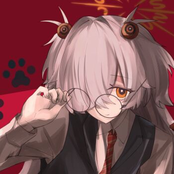 1girl blue_archive brown_eyes colored_skin commentary_request crossed_bangs glasses grey_hair hair_ornament hair_over_one_eye halo highres kanoe_(blue_archive) long_hair looking_at_viewer necktie red_background rontuta6 shirt solo upper_body white_skin