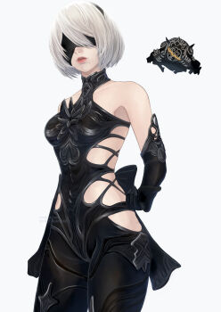 1girl 2b_(nier:automata) alternate_costume bare_shoulders black_gloves black_hairband blindfold clothing_cutout covered_eyes gloves hairband highres mitsuki_nite mole mole_under_mouth nier:automata nier_(series) open_mouth short_hair side_cutout sleeveless solo standing white_hair