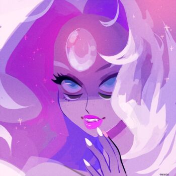 1girl blue_eyes colored_skin extra_eyes gem gradient_skin long_hair looking_up lowres parted_bangs parted_lips purple_skin rainbow_quartz steven_universe very_long_hair vicki_tsai white_hair white_nails