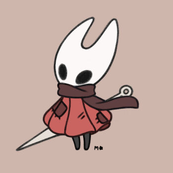 1girl adapted_costume arthropod_girl artist_name black_eyes black_skin blank_eyes brown_background brown_scarf chibi chibi_only cloak colored_skin female_focus full_body furry furry_female highres hollow_knight hollow_knight:_silksong hornet_(hollow_knight) large_variant_set meikaartist needle_(hollow_knight) no_feet patchwork_clothes red_cloak scarf signature simple_background solo standing variant_set weapon weapon_on_back