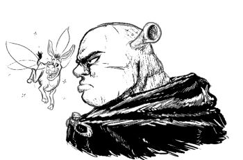 2boys animal berserk cloak cosplay donkey donkey_(shrek) fairy_wings from_side greyscale guts_(berserk) guts_(berserk)_(cosplay) hood hooded_cloak male_focus monochrome multiple_boys ogre paigeccino profile shrek shrek_(series) wings