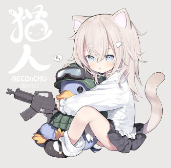 1girl :&lt; animal_ears assault_rifle black_shoes black_skirt brown_hair capriccio cat_ears cat_girl cat_tail closed_mouth commentary_request escape_from_duckov full_body goggles goggles_on_headwear green_helmet grey_background gun hair_between_eyes hair_ornament hairclip helmet holding holding_gun holding_weapon long_hair long_sleeves m4_carbine multicolored_hair original pink_hair pleated_skirt puffy_long_sleeves puffy_sleeves rifle shirt shoes simple_background skirt sleeves_past_wrists socks streaked_hair tail weapon white_shirt white_socks