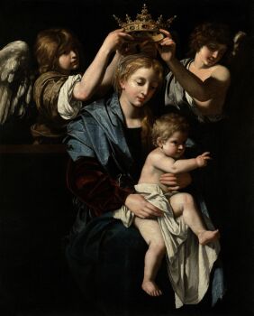 Rule 34 | 1girl, 3boys, absurdres, angel, angel wings, baby, bartolomeo cavarozzi, blonde hair, blue shawl, brown hair, carrying, carrying baby, carrying person, closed eyes, closed mouth, crown, dress, feathered wings, fine art, flying, grey robe, highres, holding, holding crown, mother and son, multiple boys, oil painting (medium), painting (medium), pale skin, realistic, red dress, robe, shawl, sitting, traditional media, virgin and child with angels, white wings, wings