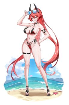 1girl alternate_costume bikini breasts goddess_of_victory:_nikke highleg highleg_bikini highres horns large_breasts long_hair mechanical_horns red_bikini red_hair red_hood_(nikke) side-tie_bikini_bottom smile solo swimsuit wide_hips yellow_eyes yoo_jaesang