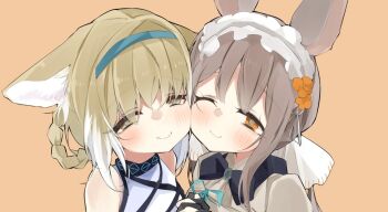 2girls animal_ears arknights brown_hair cheek-to-cheek commentary_request fox_ears gloves hairband heads_together multiple_girls one_eye_closed rabbit_ears simple_background smile suzuran_(arknights) tea/pot warmy_(arknights)