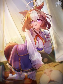 1girl @_@ absurdres ahoge animal_ears awooogie blue_dress blush bow breasts brown_hair cat double-parted_bangs dress ear_ribbon gloves hair_between_eyes hairband highres horse_ears horse_girl horse_tail large_breasts long_sleeves looking_at_viewer meisho_doto_(turbulent_blue)_(umamusume) meisho_doto_(umamusume) meto_(cat) multicolored_hair open_mouth pantyhose pink_hairband purple_eyes shirt short_hair smile tail two-tone_hair umamusume white_dress white_gloves white_hair white_pantyhose