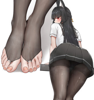 1girl animal_ear_fluff animal_ears ass barefoot_sandals_(jewelry) black_hair black_panties black_pantyhose black_skirt blunt_bangs blush braid bridal_legwear feet foot_focus fox_ears from_behind hoshimi_miyabi jewelry leaning_forward legs long_hair looking_at_viewer looking_back multiple_views nail_polish no_shoes panties panties_under_pantyhose pantyhose pleated_skirt red_eyes school_uniform serafuku shirt short_sleeves simple_background skirt smell soles standing stirrup_legwear sweat thighband_pantyhose toe_ring toeless_legwear toenail_polish toenails toes underwear wd_(1106592840) white_background white_shirt zenless_zone_zero
