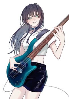 1girl 5-string_bass_guitar absurdres bang_dream! bang_dream!_it's_mygo!!!!! bass_guitar black_choker black_hair black_skirt cable chinese_commentary choker commentary_request ear_piercing earrings extended_range_bass_guitar green_eyes guitar_strap hero45439083942 highres instrument jewelry long_hair midriff necklace original piercing shirt simple_background skirt solo sweat white_background white_shirt yahata_riko