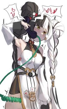 1girl absurdres animal_print armpits bare_shoulders bear_print black_hair blush braid braided_twintails covered_erect_nipples detached_sleeves dialyn_(zenless_zone_zero) dress earrings frilled_sleeves frills hair_ornament hairclip highres jewelry kaba_(hama) long_hair multicolored_hair necktie panda_hair_ornament panda_print phone sex_toy solo split-color_hair vibrator vibrator_under_clothes white_background white_dress white_hair wire yellow_eyes yellow_necktie zenless_zone_zero